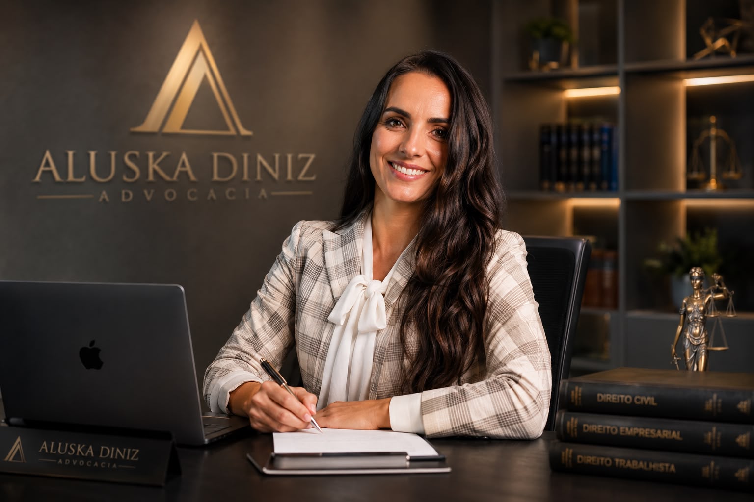 Dra. Aluska Diniz em seu escritório de advocacia